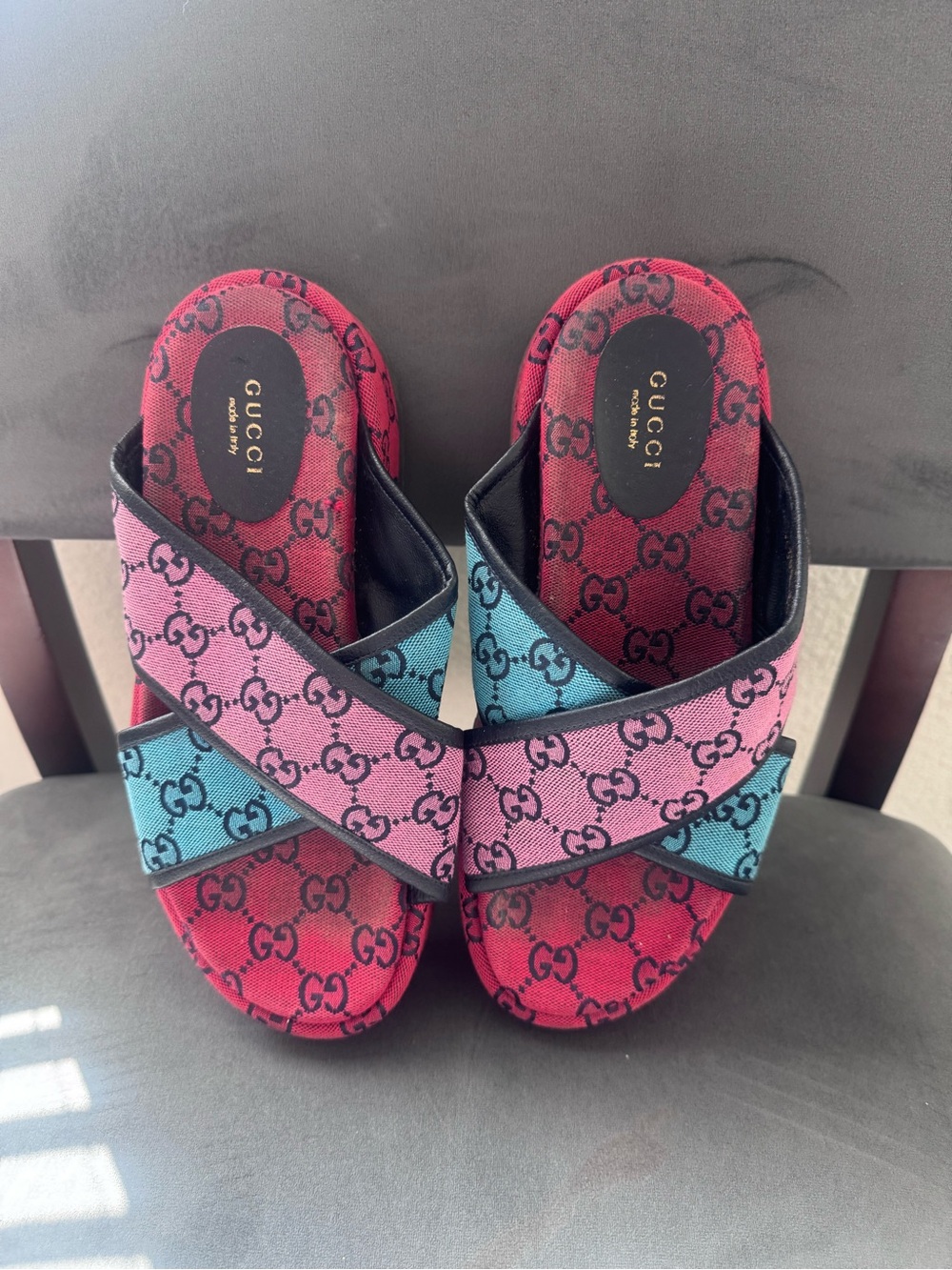 Gucci Multicolor Pink Blue GG Canvas Cross-Strap Sandals